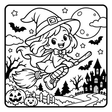 Witch Fly with Broom Halloween Children Coloring Page Line Art, Cute Spooky Cartoon Characters and Kids Activity