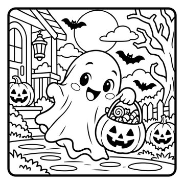 Ghost Halloween Children Coloring Page Line Art, Cute Spooky Cartoon Characters and Kids Activity