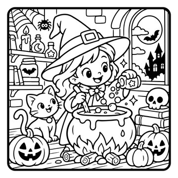 Cute Witch Making a Magic Potion Halloween Children Coloring Page Line Art, Cute Spooky Cartoon Characters and Kids Activity