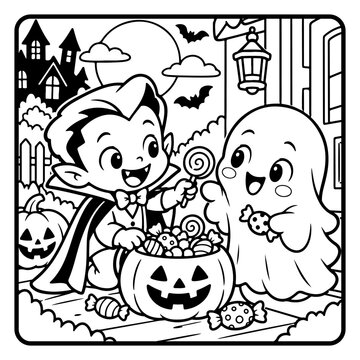 Vampire and Ghost Sharing Candy Halloween Children Coloring Page Line Art, Cute Spooky Cartoon Characters and Kids Activity