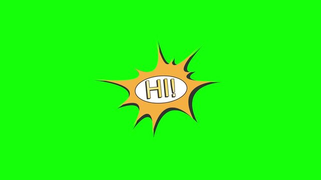 Modern yellow Hi comic book word explosion animation Green Screen, Seamless loop Animation black/green screen 4k doodle background