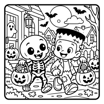 Halloween Monster walking Halloween Children Coloring Page Line Art, Cute Spooky Cartoon Characters and Kids Activity