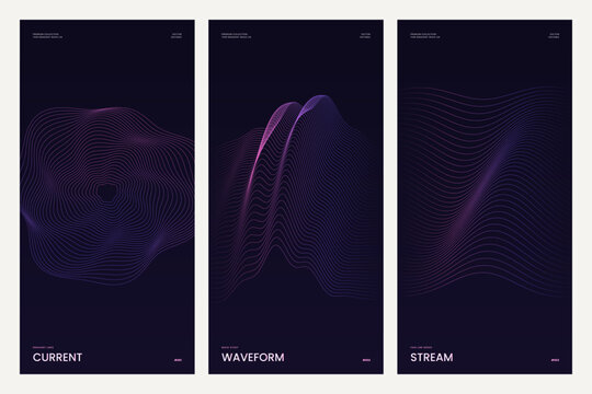 Abstract black and cream wireframe wave poster design set for flyer and wallpaper.