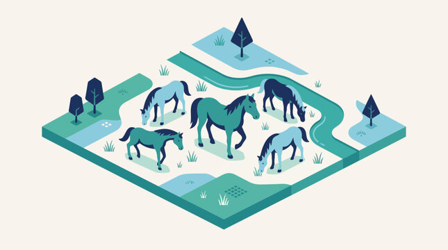 Isometric illustration of a herd of horses grazing in a green meadow with trees and a winding river