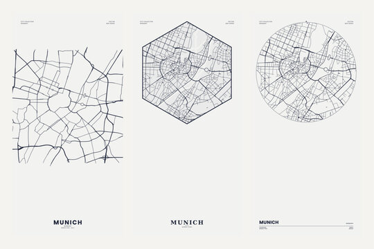Cream Munich city map poster set. Minimal street map in hexagon and circle outlines. Clean abstract design for invitation card, banner, poster and brochure.