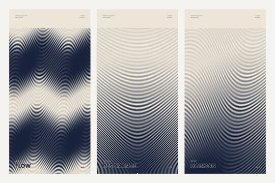 Cream and navy contour line poster set. Fine flowing wave lines in a minimal layout. Stylish abstract design for cover, flyer, brochure and wallpaper.
