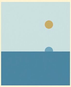 Minimalist Abstract Landscape with Sun and Horizon in Soft Blue Tones for Educational Use