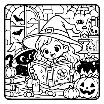 Halloween Children Coloring Page Line Art, Cute Spooky Cartoon Characters and Kids Activity