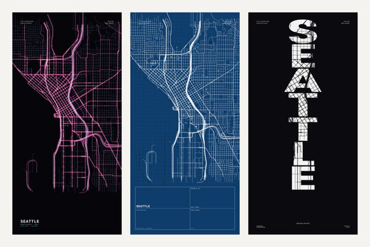 Black and cream Seattle city map poster set. Classic abstract design for copy space, cover and brochure.