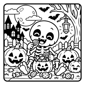 Cute Skeleton Eating Halloween Candy Halloween Children Coloring Page Line Art, Cute Spooky Cartoon Characters and Kids Activity