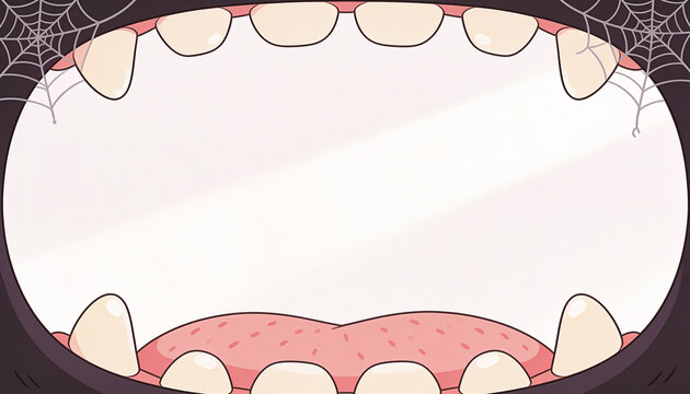 Cartoon style Halloween frame with large open mouth, sharp teeth, pink tongue and spiderwebs in corners