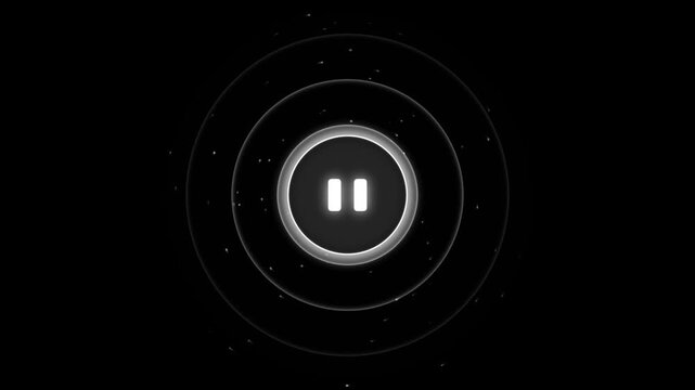 Minimalist pause button icon with glowing circular rings and subtle particle effects on a dark background