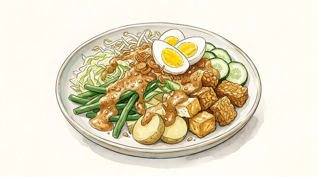 Watercolor food illustration of traditional Indonesian gado-gado with vegetables, tofu, tempeh, boiled egg and peanut sauce on a clean light background.