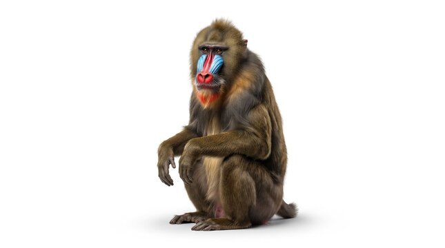Baboon sitting with colorful facial features on white background