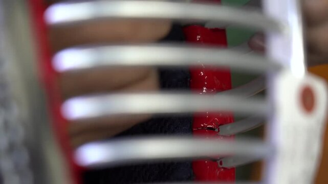 Macro view of wet red lacquer glistening between the polished steel bars of a traditional kendo mask