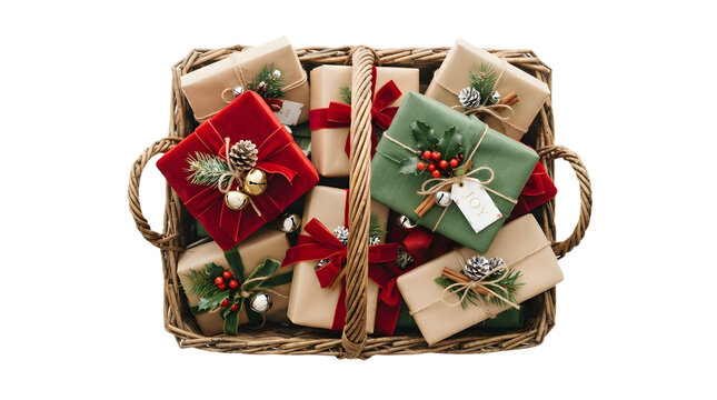 Top view of a wicker basket filled with christmas gifts wrapped in brown paper and red velvet ribbons isolated on transparent background