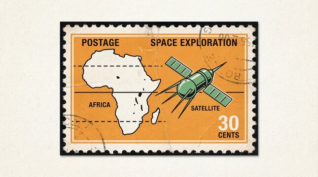 Vintage Commemorative Postage Stamp Featuring a Detailed Map of the African Continent and an Orbiting Artificial Satellite Illustration