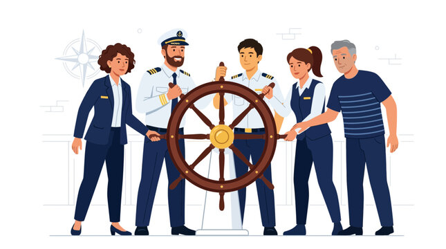 Diverse Team Steering Ship's Wheel Together - Nautical Leadership and Collaboration