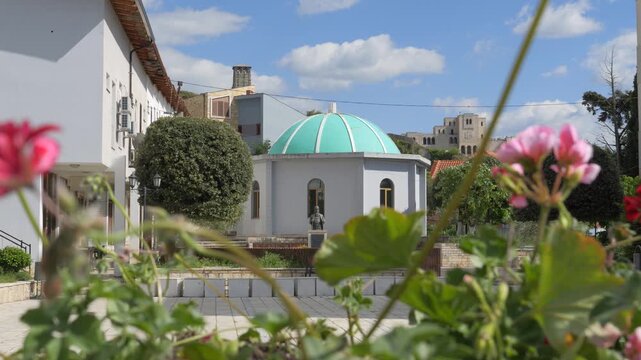 Turquoise-Blue Dome Of Shrine Of Hajji Hamza Baba Near The Historic Kruja Castle In Kruje, Albania. Static Shot