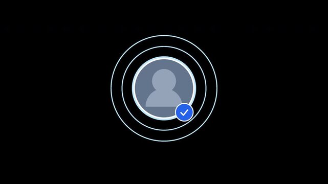 Flat animated verified user profile avatar icon with pulsating concentric rings and blue checkmark badge against a transparent background