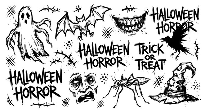 Hand Drawn Halloween Horror Doodle Collection with Ghost Spider Bat Raven and Grunge Symbols