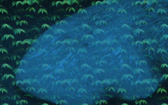 Dark teal blue abstract textured background with green fern leaf pattern, diagonal natural gradient design, tropical forest foliage wallpaper, moody nature backdrop for banner, poster and design
