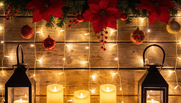Christmas decoration with fir branch, poinsettia, festive ball, candle, black lantern, fairy light, wooden background and copy space