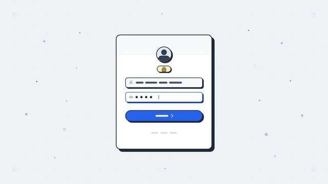 Seamless 4K loop of a flat clean UI login authentication card with avatar, animated typing fields, pill button press, and lock unlock burst.