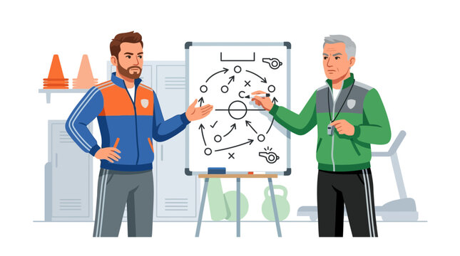 Sports coaches discussing strategy on whiteboard in locker room, illustrating teamwork, planning, and coaching in sports.