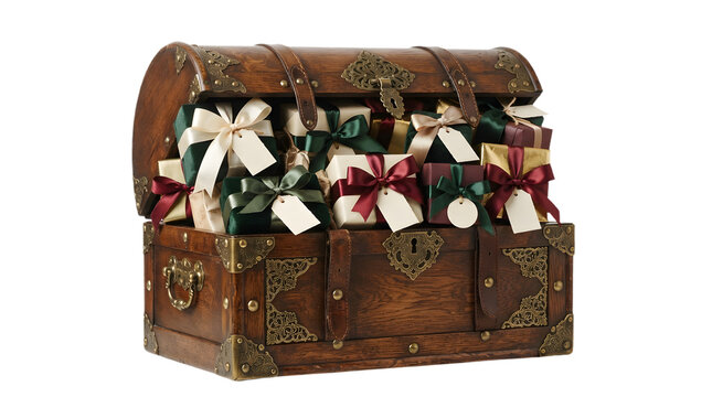 Antique wooden treasure chest filled with beautifully wrapped christmas gifts and ribbons, isolated on transparent background