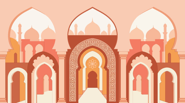 Islamic Architecture Arches and Domes Motif in Warm Sunset Tones