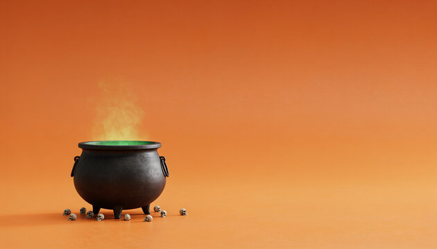 Black cauldron filled with glowing green liquid emitting smoke on an orange background