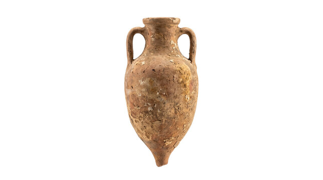 Ancient terracotta amphora vessel, antique clay vase with handles, historical ceramic vessel for museum education and archaeology isolated PNG with Transparent Background