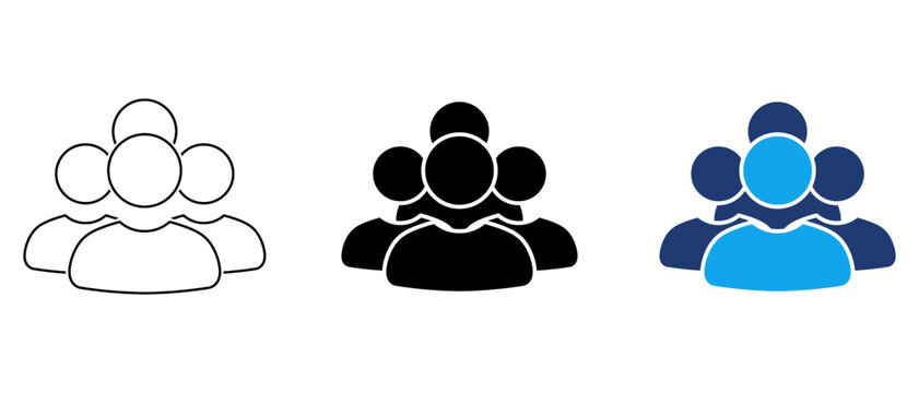 Organization and large team group icon set featuring outline, solid, and blue duotone variations for corporate networks and web interfaces.