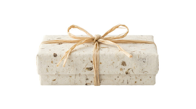 A single rectangular gift box wrapped in textured, naturalfiber paper with a rustic raffia bow, isolated on transparent background