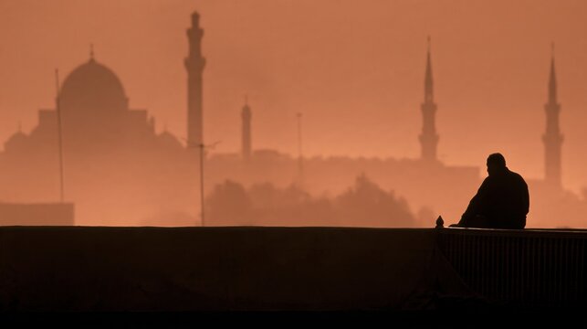 silhouette d'un homme assis contemplant une mosqu&eacute;e au cr&eacute;puscule dans la brume