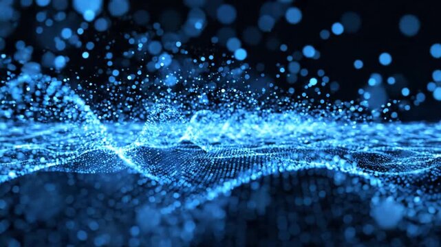 Abstract blue glowing digital particle wave on black background