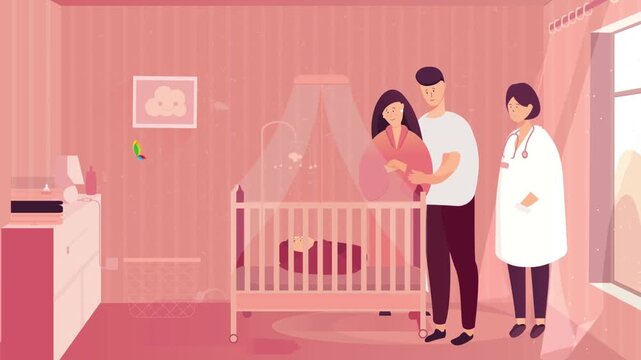 Parents and Doctor Caring for Baby in Nursery, Pediatric Healthcare Concept