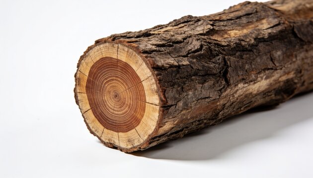 Wooden log with circular growth rings and rough bark texture isolated on white background
