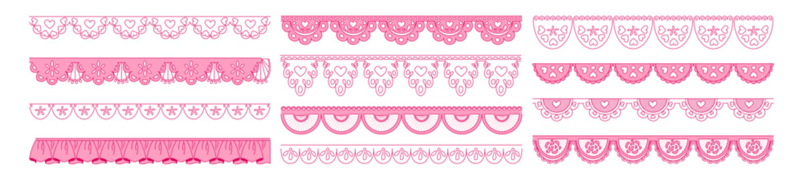 Scallop border with lace pattern and ornate vector trim elements. Pastel frames with cute ribbon, heart and flower motifs. Floral edge stripes design for coquette feminine vintage decorations.