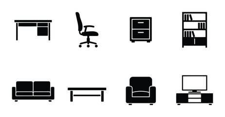 Office and home furniture silhouettes set with desk, chair, cabinet, bookshelf, sofa, table and TV stand for logo or signage © Kamrul