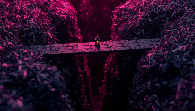 Surreal Jigsaw Bridge Over Paper Canyon with Glowing Lantern at Dusk