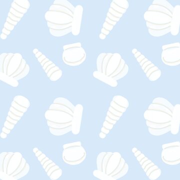 pastel seashell seamless pattern with soft blue coastal background
