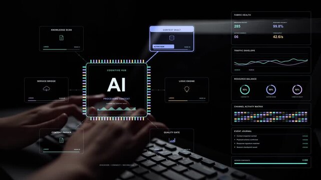Work continues on a laptop. Context storage and content parsing feed an AI reasoning process, while connected services and validation support the flow of information through the system.