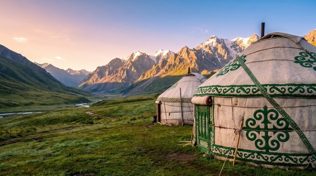 Traditional nomadic yurts in green mountain valley at sunrise under snowy peaks AI-generated