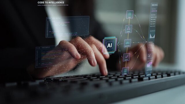 An AI code assembly workflow combines separate program fragments with contextual reasoning, linking orchestration and checks to the delivery of executable results.