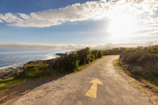 winding asphalt road with yellow arrow, coastal Hermanus in background, South Africa in late afternoon