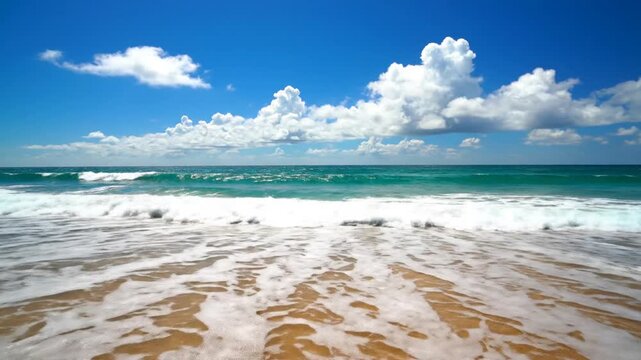 Turquoise ocean waves crashing on golden sand under blue sky