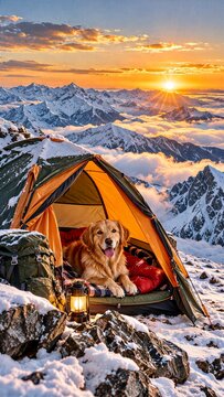 Golden Retriever Camping in Tent on Snowy Mountain Peak at Sunset