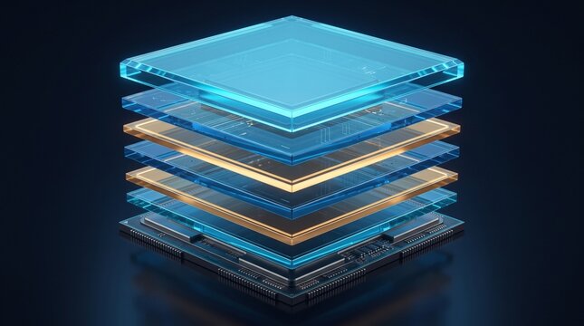 Glowing layered software architecture tiers representing database management and tech stack infrastructure development
